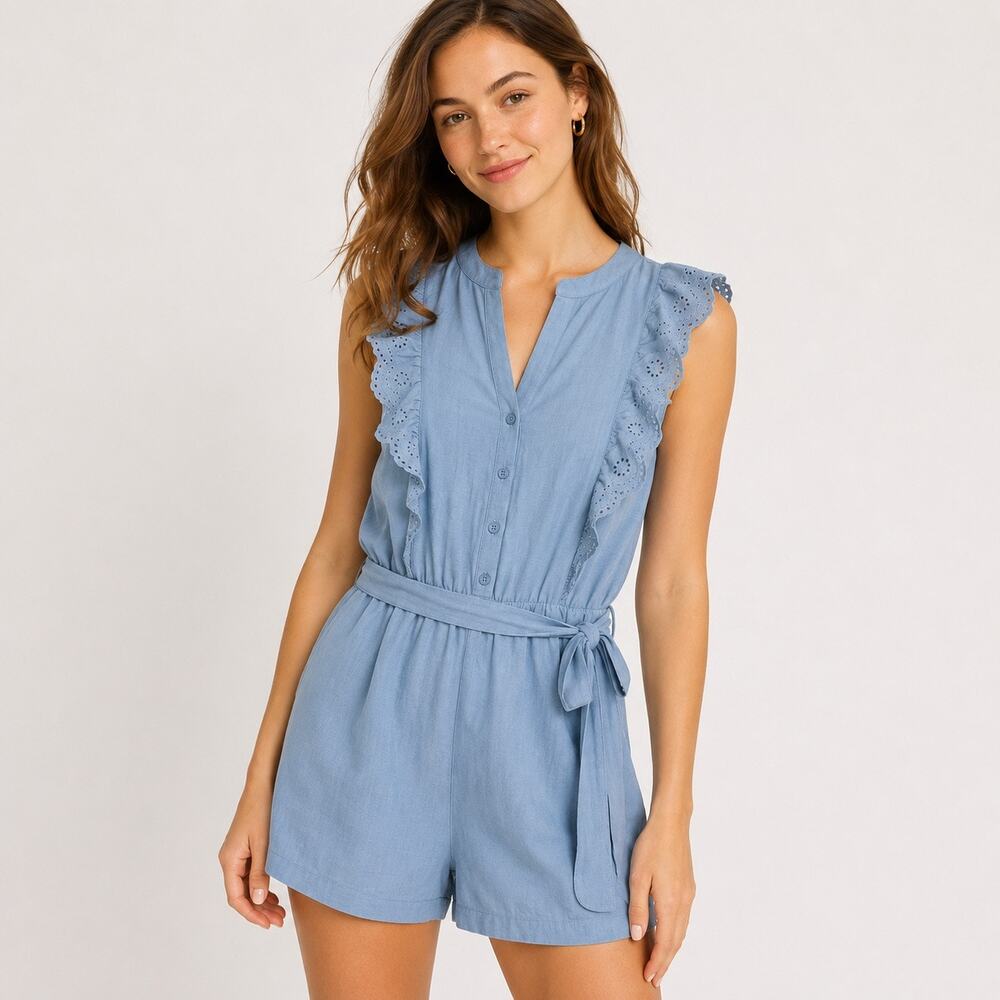 Monteau Romper Shorts size Medium Cornflower Blue Eyelet Flutter sleeve belted